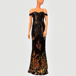 LOVE & LEMONADE NWT Off Shoulder Sequin Floral Mermaid Gown Maxi Wedding Guest